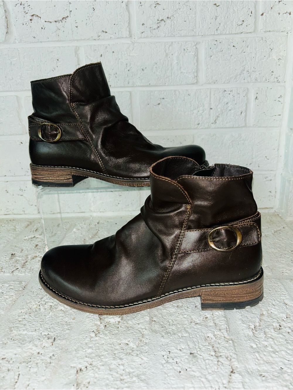 Avellini Slouchy Leather Ankle Boots Dark Brown Buckle EU 39/US 8